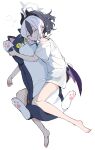  1girl bare_shoulders barefoot black_hair black_horns black_shorts blue_archive citron80citron closed_eyes commentary_request grey_halo halo highres horns hugging_object kayoko_(blue_archive) lying multicolored_hair on_side open_mouth purple_wings shirt short_hair short_sleeves shorts simple_background single_wing sleeping solo stuffed_toy two-tone_hair white_background white_hair white_shirt wings 