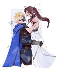  1boy 1girl absurdres aerith_gainsborough arm_around_waist armlet armor bare_shoulders black_gloves black_mask blonde_hair blue_cloak border bracer braid braided_ponytail breasts cloak closed_mouth cloud_strife couple cowboy_shot cropped_legs dress final_fantasy final_fantasy_vii final_fantasy_vii_rebirth gloves hand_in_another&#039;s_hair heart hetero highres long_dress long_hair looking_at_another mask medium_breasts mouth_mask official_alternate_costume parted_bangs profile robasarel short_hair shoulder_armor sidelocks single_braid smile spiked_hair spoken_heart tiara wavy_hair white_border white_dress 