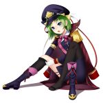  1girl alternate_costume black_headwear black_shirt black_thighhighs blue_eyes blush coat commentary_request doge_(jkdoge) full_body green_hair hat knees_up looking_at_viewer open_mouth peaked_cap shiki_eiki shiki_eiki_(underground_waste_ward_depot_master) shirt short_hair sitting solo thighhighs touhou touhou_lost_word unworn_footwear v-shaped_eyebrows variant_set 