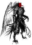  abelardo armor clawed_feet digitigrade feathered_wings full_body greyscale hand_on_weapon highres horns japanese_armor long_hair long_nose mask monochrome monster monster_boy oni_horns original partially_colored red_mask samurai sheath sheathed sketch solo sword tengu tengu_mask weapon white_background wings 