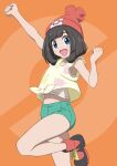  1girl :d beanie boots clenched_hands commentary_request eyelashes floral_print gensei00 green_shorts happy hat highres leg_up open_mouth orange_background pokemon pokemon_sm red_headwear selene_(pokemon) shirt short_shorts short_sleeves shorts smile solo t-shirt tied_shirt undershirt yellow_shirt 