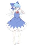  1girl barefoot blue_bow blue_dress blue_eyes blue_hair blush bow cirno clenched_teeth collared_shirt commentary crying dress fairy_wings feet full_body furrowed_brow hair_bow hands_up highres ice ice_wings looking_at_viewer neck_ribbon pinafore_dress puffy_sleeves red_ribbon ribbon rubbing_eyes sad seika_okawari shirt short_hair short_sleeves simple_background sleeveless sleeveless_dress solo standing tears teeth touhou white_background white_shirt wings 