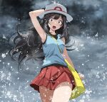  1girl :o arm_up armpits bare_arms black_hair blue_shirt breasts cloud cloudy_sky cowboy_shot floating_hair from_below hand_on_headwear hat highres leaf_(pokemon) long_hair medium_breasts messy_hair miniskirt open_mouth outdoors pleated_skirt pokemon pokemon_frlg red_skirt shirt skirt sky sleeveless sleeveless_shirt solo standing tsukishiro_saika very_long_hair white_headwear wristband 