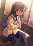  1girl artina blush brown_eyes brown_hair clannad green_hair hat highres hikarizaka_private_high_school_uniform ibuki_fuuko long_hair long_sleeves looking_at_viewer open_mouth pantyhose school_uniform skirt smile solo star_(symbol) starfish 