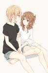  2girls barefoot black_shirt blonde_hair blue_eyes blue_shorts brown_hair feet_out_of_frame holding_another&#039;s_arm looking_at_another medium_hair multiple_girls one_side_up original oversized_clothes shiina_kuro shirt short_hair shorts simple_background sitting white_background white_shirt 