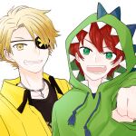  2boys :d black_shirt blonde_hair clenched_hand collarbone copyright_request drawstring eyebrows_hidden_by_hair eyepatch fang green_eyes green_hoodie grin hair_over_one_eye hood hood_up hoodie jacket long_sleeves looking_at_viewer male_focus maru_(memoriatechnica) multiple_boys open_clothes open_jacket outstretched_arm red_hair shirt simple_background smile upper_body white_background yellow_jacket 