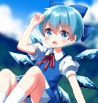  1girl alternate_hairstyle blue_bow blue_dress blue_eyes blurry blurry_background blush bow cirno cloud commentary_request detached_wings dress feet_out_of_frame hair_bow highres horizon ice ice_wings looking_at_viewer mountainous_horizon open_mouth outdoors ruu_(tksymkw) short_hair short_sleeves socks solo touhou white_socks wings 