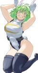  1girl absurdres animal_ears arms_up black_thighhighs boku_no_hero_academia breasts cosplay covered_navel crescent_print fengling_(furin-jp) gloves green_eyes grin hagakure_tooru hair_between_eyes highleg highleg_leotard highres kneeling large_breasts leotard looking_at_viewer medium_hair messy_hair mirko mirko_(cosplay) print_leotard rabbit_ears rabbit_pose rabbit_tail short_hair sleeveless_turtleneck_leotard smile solo tail taut_leotard thick_eyelashes thighhighs turtleneck_leotard white_background white_gloves white_leotard yellow_pupils 