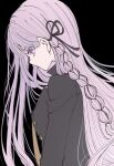  1girl black_background black_jacket black_ribbon braid danganronpa:_trigger_happy_havoc danganronpa_(series) hair_behind_ear hair_ribbon highres jacket kirigiri_kyoko long_hair looking_at_viewer necktie pale_skin pink_eyes pink_hair ribbon satori_(aosky9077) side_braid sideways_glance simple_background solo upper_body 