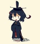  1other alternate_costume androgynous black_eyes black_hair black_headwear chibi cocopalm hat japanese_clothes kariginu kimono len&#039;en open_mouth other_focus red_kimono senri_tsurubami short_hair simple_background smile solo standing tate_eboshi white_background 