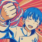  1boy b_lovkl blue_hair blush chef clenched_hand closed_eyes hand_up open_mouth punching simple_background souma_hiroomi working!! 