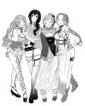  4girls :d ^_^ boots breasts cleavage cleavage_cutout closed_eyes closed_mouth clothing_cutout crop_top dress facing_viewer forehead greyscale hand_up high_heel_boots high_heels long_hair long_sleeves maru_(memoriatechnica) medium_breasts midriff monochrome multiple_girls navel original pants parted_bangs ponytail puffy_long_sleeves puffy_sleeves see-through shoes simple_background skirt sleeves_past_fingers sleeves_past_wrists smile steepled_fingers thighhighs very_long_hair white_background 