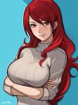  1girl alternate_costume arms_up artist_name blue_background blush breasts closed_mouth commentary english_commentary eyelashes grey_sweater hair_between_eyes kirijou_mitsuru large_breasts lepypepy lips long_hair long_sleeves looking_at_viewer parted_bangs persona persona_3 red_eyes red_hair revision ribbed_sweater shadow sidelocks smile solo sweater turtleneck turtleneck_sweater two-tone_background upper_body 