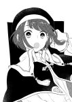  1girl :o arm_behind_head arm_up beret black_background capelet greyscale hat long_sleeves looking_at_viewer maru_(memoriatechnica) monochrome open_mouth original shirt solo two-tone_background upper_body white_background 