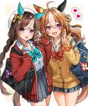  2girls alternate_costume animal_ears bag beret blue_bow blue_bowtie blue_eyes blush bow bowtie braid brown_hair brown_sweater cardigan collared_shirt commentary_request copano_rickey_(umamusume) cowboy_shot ear_covers facial_mark fang grey_skirt hair_bow hat heart heart_facial_mark hokko_tarumae_(umamusume) horse_ears horse_girl iro_178 light_brown_hair long_hair long_sleeves multiple_girls open_cardigan open_clothes open_mouth orange_hair pleated_skirt purple_eyes red_bow red_bowtie red_sweater school_bag school_uniform scrunchie shirt skirt spoken_heart sweater twin_braids umamusume white_hair white_headwear white_shirt wrist_scrunchie 