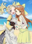  beach blonde_hair bow breast_press breasts cloud cloudy_sky corset dress etie_(fire_emblem) fire_emblem fire_emblem_awakening fire_emblem_engage frilled_shirt_collar frilled_sleeves frills green_bow grey_eyes highres holding_hands igni_tion lissa_(fire_emblem) long_hair looking_at_viewer medium_breasts ocean open_mouth orange_gemstone orange_hair short_twintails sky small_breasts swept_bangs teeth tiara twintails upper_teeth_only water yellow_dress 