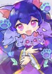  1girl animal_ears blue_bow blush bow cerberus doradorakingyo dress dual_persona eyelashes fangs grey_background holding kerbey_(puyopuyo) long_hair looking_at_viewer open_mouth paw_print pink_eyes purple_bow purple_dress purple_hair puyopuyo_quest sleeve_bow solo twitter_username wolf_ears 