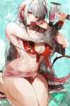  1girl arknights bikini breasts demon_horns grey_hair highres holding horns large_breasts looking_at_viewer navel red_eyes short_hair solo swimsuit tail w_(arknights) wet wet_clothes yuki_flourish 