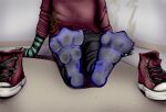 absurd_res anthro bodily_fluids character_muffin cheesy claws clothing dirty dragon feet foot_fetish foot_focus footwear hi_res invalid_tag male muffinvinvin sitting smelly socks solo sweat sweat_stain toes unwashed