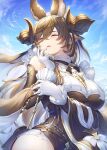  1girl animal_ears bare_shoulders black_dress blush breasts brown_hair closed_eyes detached_sleeves dress extra_ears frilled_sleeves frills galleon_(granblue_fantasy) gloves granblue_fantasy hair_between_eyes highres horns large_breasts long_hair multicolored_hair pointy_ears solo streaked_hair very_long_hair white_gloves yuiko_(yuiyuiko_108) 