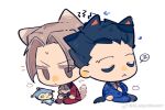  2boys ace_attorney alwaysfewer. animal_ears arrow_(symbol) ascot black_footwear black_vest blue_badger blue_hair blue_jacket blue_pants blue_sleeves blue_suit blunt_bangs blush brown_eyes brown_hair buttons cat_boy cat_ears cat_tail chibi chinese_commentary closed_eyes collared_jacket collared_shirt commentary_request ear_blush frown hand_on_own_stomach jacket layered_sleeves leaning_on_person long_sleeves male_focus miles_edgeworth multiple_boys necktie nose_blush notice_lines open_clothes open_jacket open_mouth pants parted_bangs phoenix_wright red_jacket red_necktie red_pants red_sleeves shirt shoes short_hair simple_background sitting sleeping spiked_hair spoken_zzz stuffed_toy suit sweatdrop tail triangle_mouth vest watermark weibo_logo weibo_username white_ascot white_background white_shirt zzz 