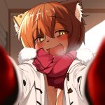  1girl animal_ears animal_nose bags_under_eyes blurry blurry_background blurry_foreground blush breasts brown_hair cleavage coat commentary_request drooling duffel_coat fang fur-trimmed_coat fur_trim gloves hair_between_eyes head_tilt indoors kagarimachi_konatsu long_sleeves looking_at_viewer meme nekotsuki_kohime_(kagarimachi_konatsu) open_clothes open_coat open_mouth orange_hair original pov pov_cheek_warming_(meme) reaching reaching_towards_viewer red_gloves red_scarf scarf slit_pupils solo tareme toggles upper_body white_coat yellow_eyes 