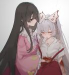  2girls black_hair bleeding blood blood_on_arm blood_on_clothes bow bowtie closed_eyes commentary_request facing_viewer frilled_sleeves frills fujiwara_no_mokou grey_eyes grey_hair hair_bow hand_on_another&#039;s_shoulder highres houraisan_kaguya injury kani_nyan long_hair long_sleeves multiple_girls pants parted_lips pink_shirt red_pants shirt torn_clothes torn_shirt torn_sleeves touhou very_long_hair white_bow white_bowtie wide_sleeves 