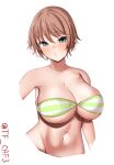  1girl alternate_costume armpits bare_shoulders bikini blue_eyes blush breasts brown_hair cleavage commentary_request green_bikini groin hair_between_eyes hiei_(kancolle) highres kantai_collection large_breasts looking_at_viewer navel no_headgear parted_lips simple_background solo strapless strapless_bikini striped striped_bikini swimsuit tf_cafe twitter_username upper_body white_background 