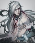  1boy closed_mouth earrings english_commentary grey_background hair_between_eyes highres jewelry kayn_(league_of_legends) league_of_legends long_hair looking_to_the_side male_focus muscular muscular_male shadow_assassin_kayn simple_background snow_moon_kayn solo tassel tassel_earrings topless_male white_eyes white_hair zyrophin 