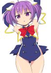  armpits arms_up breasts detached_sleeves highres keriage myu_(quiz_magic_academy) no_panties open_mouth purple_eyes purple_hair quiz_magic_academy school_uniform small_breasts solo two_side_up 