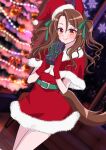  1girl animal_ears brown_hair capelet christmas christmas_tree cowboy_shot dress dutch_angle ear_covers fur-trimmed_capelet fur-trimmed_dress fur_trim gloves highres horse_ears horse_girl horse_tail king_halo_(umamusume) looking_at_viewer motofurikake red_dress red_gloves santa_costume smile solo tail umamusume 