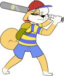 2017 3_toes 4_fingers alpha_channel anthro backpack backwards_hat barefoot baseball_cap biped black_nose blue_bottomwear blue_clothing blue_shirt blue_shorts blue_topwear bottomwear brown_eyes brown_sclera canid canine canis cheek_tuft chokovit_(artist) circle_eyebrows clothed clothed_anthro clothed_male clothing colored cosplay countershading cris_kawasaki curled_tail digital_drawing_(artwork) digital_media_(artwork) dog_tail domestic_dog earthbound_(series) eyebrow_through_hair eyebrows facial_tuft feet fingers fur gloves_(marking) hair hat headgear headwear hi_res holding_baseball_bat leg_markings male male_anthro mammal markings ness nintendo pattern_clothing pattern_shirt pattern_topwear pink_inner_ear red_baseball_cap shiba_inu shirt shorts simple_background socks_(marking) solo spitz striped_clothing striped_shirt striped_topwear stripes tail toes topwear translucent translucent_hair transparent_background tuft white_body white_countershading white_eyebrows white_hair white_markings white_tuft yellow_body yellow_clothing yellow_ears yellow_fur yellow_shirt yellow_tail yellow_topwear