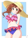  1girl arms_behind_back bare_shoulders bikini blue_background blush border breasts brown_eyes brown_hair cleavage closed_mouth cowboy_shot dot_nose frilled_bikini frills front-tie_bikini_top front-tie_top funxy_k hand_up hat hat_ribbon highres idolmaster idolmaster_cinderella_girls idolmaster_cinderella_girls_starlight_stage igarashi_kyoko long_hair looking_at_viewer medium_breasts navel outside_border pink_ribbon ribbon side-tie_bikini_bottom side_ponytail signature simple_background smile solo standing straw_hat swimsuit two-tone_bikini white_border 