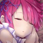  closed_eyes colored_eyelashes commentary_request detached_sleeves dress frilled_dress frills hair_ornament lying maid messy_hair on_bed on_side open_mouth own_hands_together pink_hair purple_ribbon ram_(re:zero) re:zero_kara_hajimeru_isekai_seikatsu ribbon roswaal_mansion_maid_uniform short_hair sleeping tarunyan watermark x_hair_ornament 