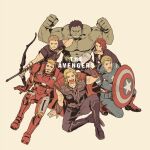  1girl 5boys arc_reactor arm_up armor arrow_(projectile) avengers_(series) beard black_bodysuit black_footwear black_hair black_pants black_shirt black_widow blonde_hair blue_bodysuit blue_eyes bodysuit boots bow_(weapon) breasts brown_background cape captain_america clenched_hands clint_barton colored_skin commentary_request copyright_name facial_hair full_armor green_eyes green_skin hands_up hawkeye_(marvel) helmet highres holding holding_bow_(weapon) holding_shield holding_weapon hood hooded_bodysuit hulk iron_man light_brown_hair long_hair looking_at_viewer marvel marvel_cinematic_universe medium_breasts mjolnir_(marvel) mochishio multicolored_armor multiple_boys natasha_romanoff open_mouth own_hands_together pants pocket power_armor red_armor red_cape red_footwear red_hair shield shirt short_hair simple_background sitting sleeveless sleeveless_shirt smile standing star_(symbol) steve_rogers striped superhero teeth the_avengers_(2012) thor_(marvel) tony_stark v-shaped_eyebrows weapon yellow_armor 