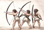  3girls arrow_(projectile) bloomers bow_(weapon) braid braided_ponytail brown_eyes brown_hair character_request check_copyright copyright_request hair_bun highres ironlily multiple_girls muscular muscular_female ordo_mediare_sisters_(ironlily) simple_background weapon 