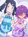  2girls apron black_hair blue_apron blue_bow blue_dress blue_eyes blush bow bowtie dot_(pokemon) dress embarrassed hair_ornament hair_over_one_eye hairclip heart heart_hands highres liko_(pokemon) long_hair medium_hair multiple_girls peach_hat_ornament pink_bow pink_dress pokemon pokemon_(anime) pokemon_horizons purple_apron purple_bow purple_hair short_sleeves standing twintails waiemu wrist_cuffs 