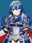  1girl armor blue_background blue_eyes blue_hair breastplate cape closed_mouth fire_emblem fire_emblem_awakening fire_emblem_heroes gau_fe hair_between_eyes highres long_hair lucina_(fate&#039;s_resolve)_(fire_emblem) lucina_(fire_emblem) official_alternate_costume shoulder_armor smile solo symbol_in_eye tiara 