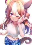  1girl absurdres animal_ears aoi_(07aoi15) blush breasts brown_hair copano_rickey_(umamusume) cowboy_shot dot_nose double_bun ear_covers from_above gaze_on_me!_outfit_(umamusume) hair_bun hair_ornament hand_up highres horse_ears horse_girl horse_tail long_hair male_swimwear midriff multicolored_hair navel one_eye_closed open_mouth purple_eyes shirt small_breasts solo standing streaked_hair swim_trunks tail tassel tassel_hair_ornament tied_shirt umamusume white_background white_shirt 