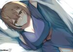  1girl aties20 blue_kimono blush breasts brown_eyes brown_hair closed_mouth commentary_request hair_between_eyes hololive hololive_english japanese_clothes kimono large_breasts long_sleeves looking_at_viewer lying nanashi_mumei on_side pillow smile solo under_covers virtual_youtuber wide_sleeves 