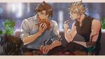  2boys aqua_eyes bare_shoulders black_pants black_shirt blonde_hair blue_eyes blurry blurry_background blurry_foreground brown_hair burger cloud_strife collared_shirt cup disposable_cup earrings eating final_fantasy final_fantasy_vii final_fantasy_vii_advent_children final_fantasy_viii food french_fries hair_between_eyes highres holding holding_cup holding_food jewelry letterboxed male_focus multiple_boys pants scar scar_on_face scar_on_forehead shio_ga shirt short_hair single_earring sitting sleeveless sleeveless_shirt sleeves_rolled_up spiked_hair squall_leonhart white_shirt 