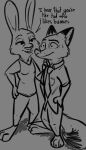 2022 absurd_res anthro bodily_fluids buckteeth canid canine dialogue disney duo female fox hand_in_pocket hand_on_hip hand_on_shoulder hare hi_res lagomorph leporid male male/female mammal monochrome necktie nick_wilde pockets red_fox simple_background speech_bubble sweat tangerine_(artist) teeth wide_eyed zootopia