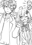  2boys 2girls ;d ahoge arm_up blazer blush bow coke-bottle_glasses collared_shirt dokuzuhonsha dola_(nijisanji) double_v dress_shirt eyewear_lift flower glasses greyscale hair_between_eyes hair_flower hair_ornament hairclip hands_up honma_himawari honma_himawari_(1st_costume) jacket kuzuha_(1st_costume)_(nijisanji) kuzuha_(nijisanji) lifted_by_self long_sleeves maru_(memoriatechnica) monochrome multiple_boys multiple_girls nijisanji notice_lines one_eye_closed open_clothes open_jacket pointy_ears shirt simple_background smile sunflower sunflower_hair_ornament v virtual_youtuber white_background yashiro_kizuku 