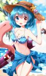  1girl beach bikini blue_bikini blue_eyes blue_hair breasts brown_headwear cleavage commentary_request hat heterochromia highres holding holding_umbrella horizon karakasa_obake looking_at_viewer medium_breasts navel ocean open_mouth outdoors palm_tree purple_umbrella red_eyes ruu_(tksymkw) sarong seashell shell short_hair solo straw_hat striped striped_bikini swimsuit tatara_kogasa tongue touhou tree umbrella 