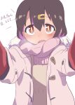  1girl black_hair blush brown_eyes coat commentary dot_nose enpera fur_collar hair_between_eyes hair_ornament hairclip hatafuta looking_at_viewer meme mittens multicolored_hair onii-chan_wa_oshimai! open_clothes open_coat open_mouth oyama_mihari pink_scarf pov pov_cheek_warming_(meme) purple_hair reaching reaching_towards_viewer red_mittens scarf simple_background solo translated two-tone_hair upper_body white_background winter_clothes winter_coat 