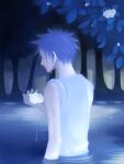  1boy back back_focus black_eyes black_hair blue_theme dripping flower forest highres holding holding_flower lake looking_down male_focus monkey_d._luffy nature night one_piece outdoors parted_lips partially_submerged scar scar_on_cheek scar_on_face short_hair solo tank_top tk-1105 tree water wet white_flower white_tank_top 
