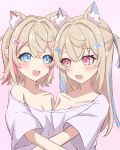  2girls absurdres animal_ear_fluff animal_ears bandaid bandaid_hair_ornament blonde_hair blue_eyes blue_hair blush breasts dog_ears dog_girl fang fuwawa_abyssgard hair_ornament hairpin highres hololive hololive_english hug long_hair looking_at_another looking_at_viewer medium_breasts medium_hair mococo_abyssgard multicolored_hair multiple_girls nekomotowata open_mouth pink_eyes pink_hair shirt siblings sisters skin_fang small_breasts smile streaked_hair twins two_side_up virtual_youtuber white_shirt x_hair_ornament 