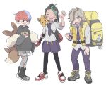  1boy 2girls 50yen :d arven_(pokemon) backpack bag black_pantyhose boots bottle brown_bag collared_shirt commentary_request glasses hand_up hood hoodie long_hair long_sleeves multicolored_hair multiple_girls necktie nemona_(pokemon) open_clothes open_mouth open_vest pants pantyhose pawmi penny_(pokemon) pokemon pokemon_(creature) pokemon_sv ponytail round_eyewear school_uniform see-through see-through_skirt shirt shoes short_hair short_sleeves shorts shorts_under_skirt skirt smile standing two-tone_hair vest water_bottle yellow_bag 