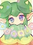  1girl blue_eyes blush closed_mouth doradorakingyo double_bun eyelashes flower green_hair hair_bun horns lidelle_(puyopuyo) looking_at_viewer pointy_ears puyopuyo puyopuyo_fever short_hair sleeves_past_fingers sleeves_past_wrists smile solo very_long_sleeves yellow_horns 