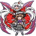  2girls black_footwear black_headwear black_skirt braid brown_hair capelet commentary_request demon_wings dress fedora full_body hat long_hair looking_at_viewer lowres multiple_girls one_side_up pixel_art red_capelet red_dress reimufate shinki_(touhou) side_braid simple_background skirt touhou touhou_(pc-98) touhou_lost_word touhou_ningyougeki usami_renko white_background white_hair wings 